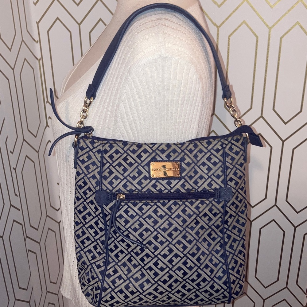 Tommy  Hilfiger Navy Blue / Beige Embossed Allover Monogram  Shoulder Bag - Picture 2 of 14